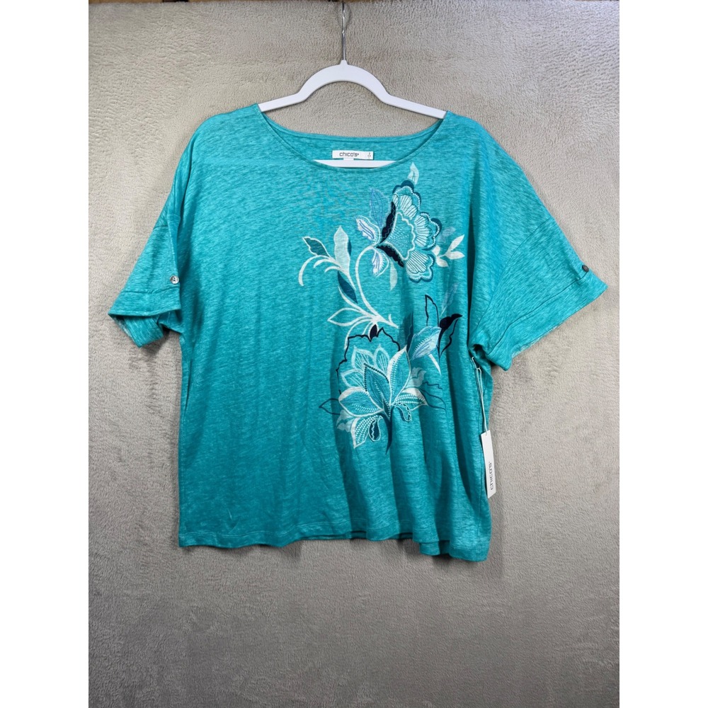 Chico's Relaxed Tee Women's L Agua Azul Linen Embroidered Floral Resortwear NWT